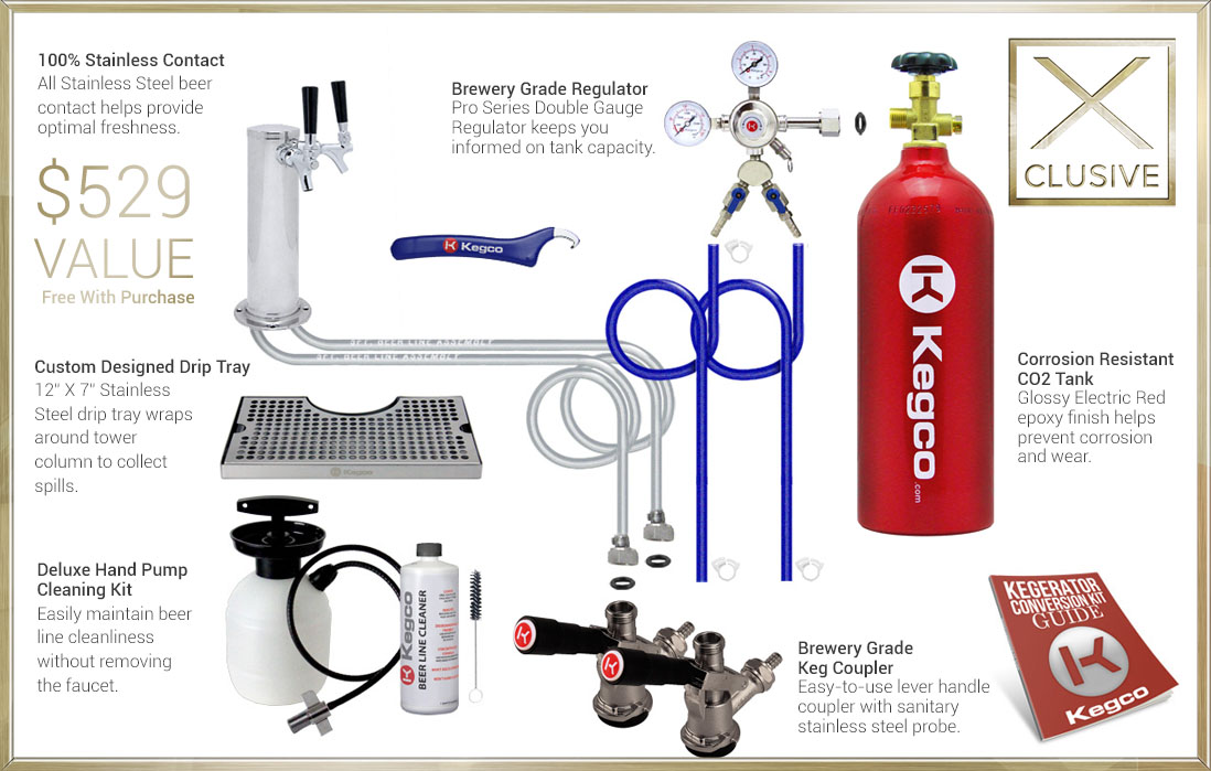X-CLUSIVE Dispense System includes tower, drip tray, cleaning kit, regulator, keg coupler, and CO2 tank