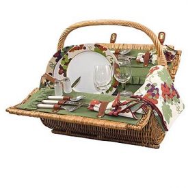 Enlarge Barrel Willow Picnic Basket - Hunter Green Lining w/ Purple Grape Linens