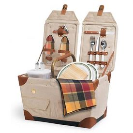Enlarge Pioneer Canvas & Rattan Picnic Basket - Natural w/ Burgundy Plaid Linens