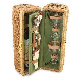 Enlarge Bacchus Deluxe Rattan Wine Basket Tote - Hunter Green / Purple Grape Napkins