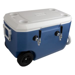 Photo of Dual Faucet Rolling Jockey Box - 62 Qt., Two 3/8 inch OD 120' SS Coils - Blue - Side-Mount Faucets