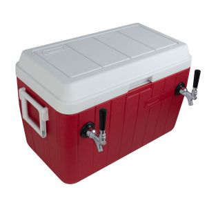 Photo of Double Faucet Jockey Box - 54 Qt., Two 3/8 inch O.D. 120' SS Coils - Red - Side-Mounted Faucets