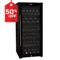 Contemporary 102 Bottle Single Zone Freestanding Wine Refrigerator with Black Glass Door