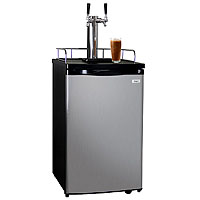 Kegco Dual Tap Faucet Javarator Cold Brew Coffee Dispenser Black Cabinet Kegerator and Stainless Steel Door