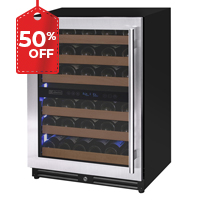 Reserva Series 51 Bottle Dual Zone Undercounter Wine Refrigerator Cooler with Stainless Steel Door - Left Hinge
