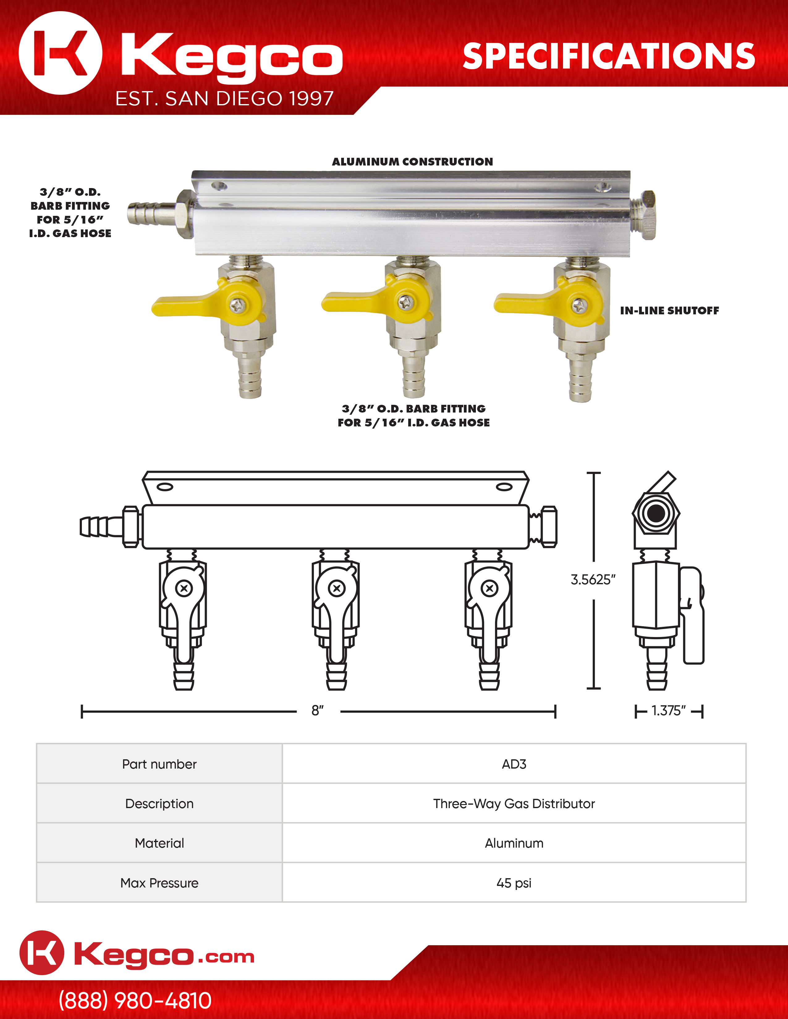 Kegco 3Way Keg Dispenser Kegerator Draft Beer Gas / Air CO2 Distributor