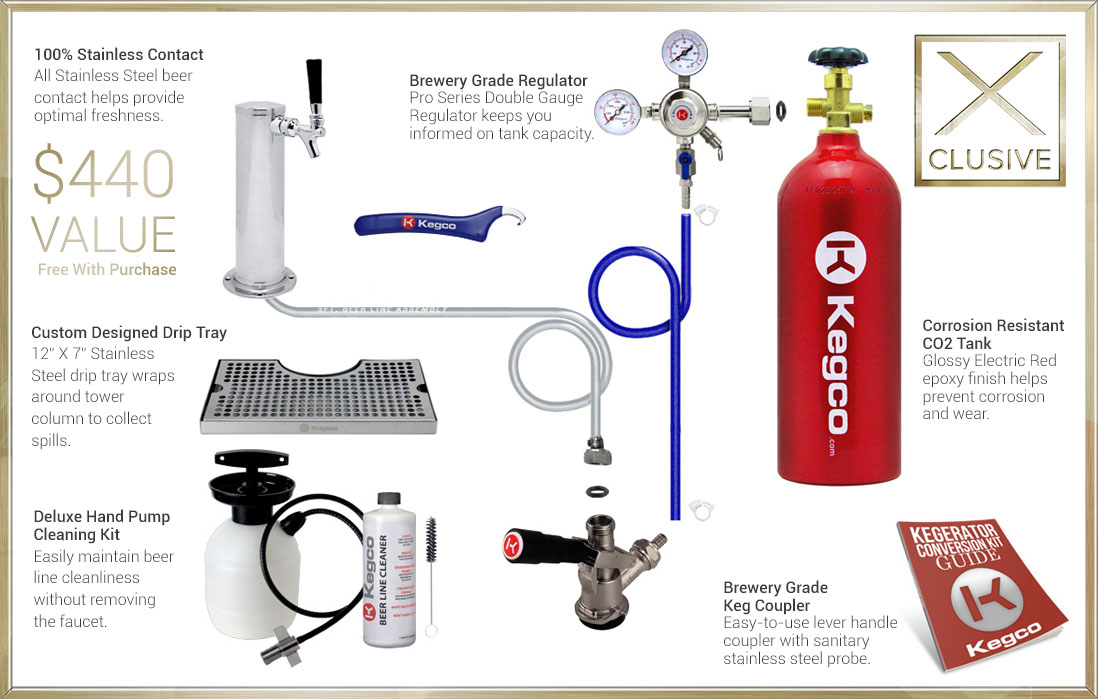 X-Clusive Dispense System includes tower, drip tray, cleaning kit, regulator, keg coupler, and CO₂ tank