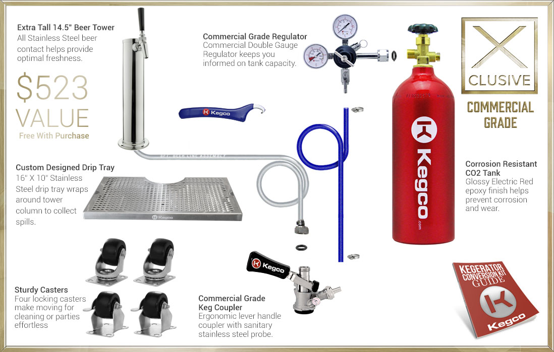 X-Clusive Dispense System includes tower, drip tray, regulator, keg coupler, and CO2 tank