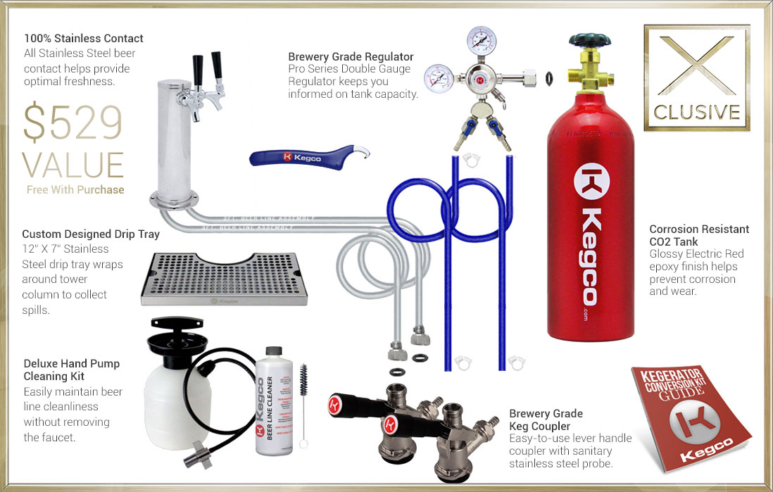 X-CLUSIVE Dispense System includes tower, drip tray, cleaning kit, regulator, keg coupler, and CO₂ tank