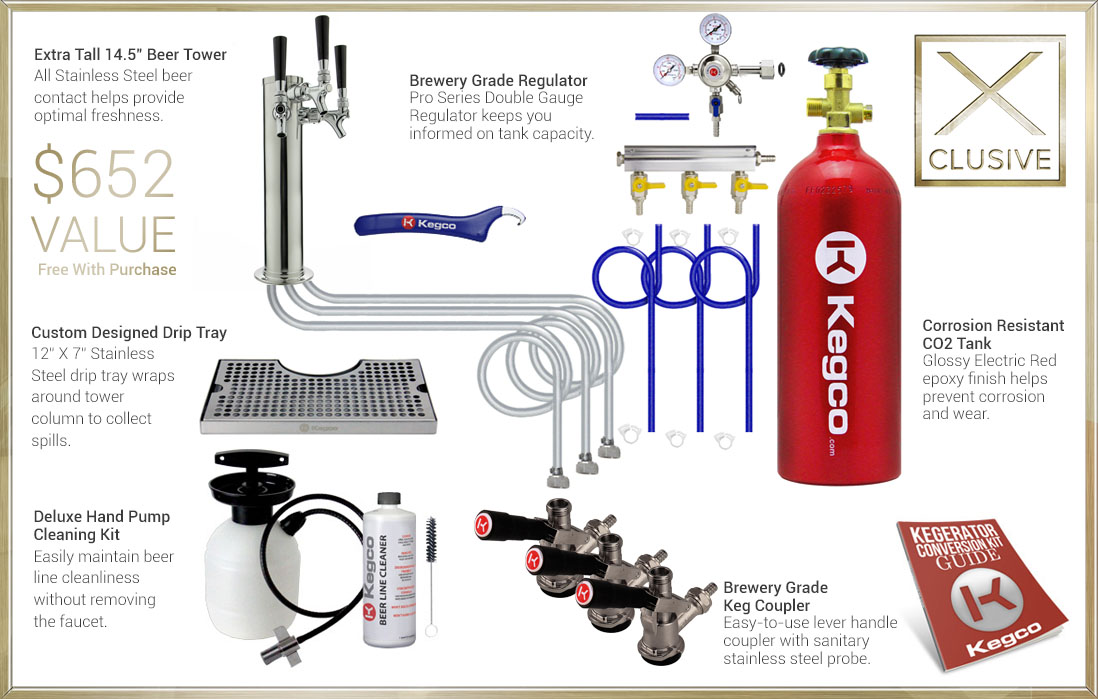 X-CLUSIVE Dispense System includes tower, drip tray, cleaning kit, regulator, keg couplers, and CO₂ tank