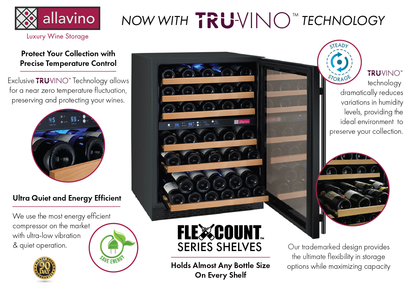 47 inch Wide FlexCount II Tru-Vino 112 Bottle Four Zone Black Side-by-Side Wine Refrigerator