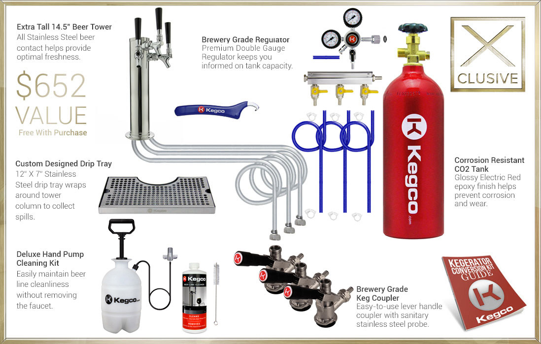 X-CLUSIVE Dispense System includes tower, drip tray, cleaning kit, regulator, keg couplers, and CO2 tank