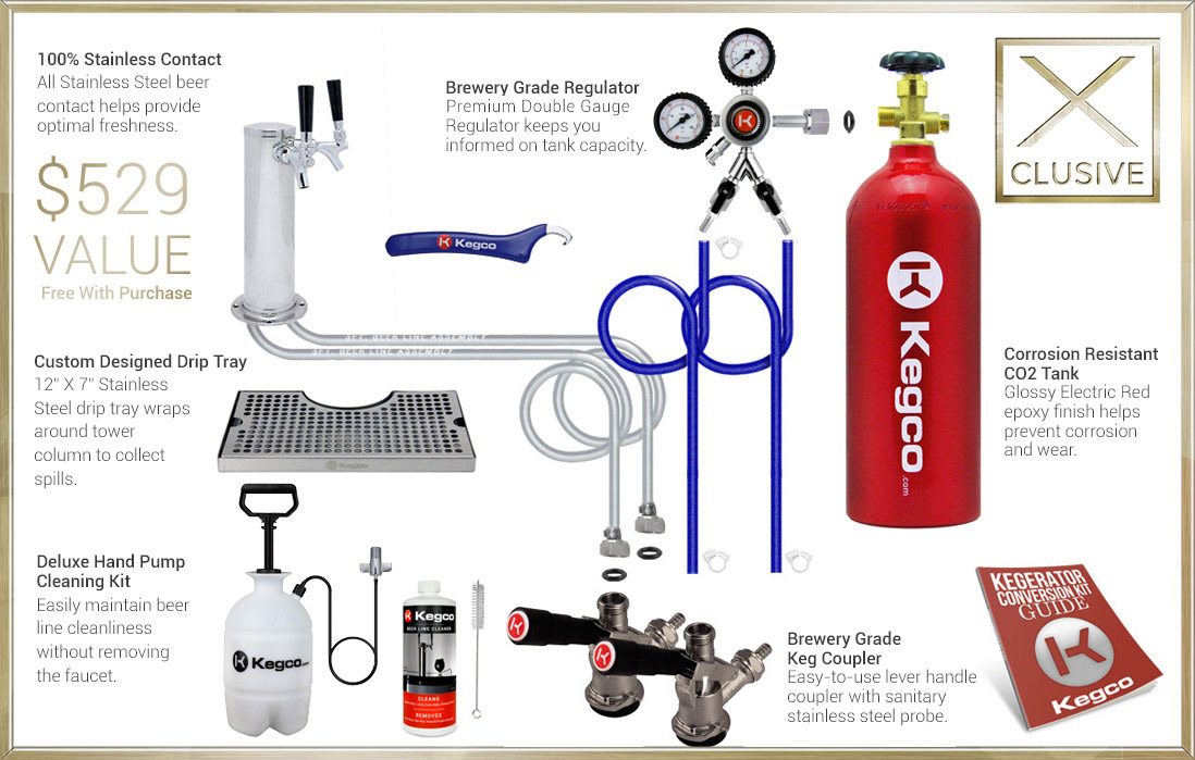 X-CLUSIVE Dispense System includes tower, drip tray, cleaning kit, regulator, keg coupler, and CO2 tank