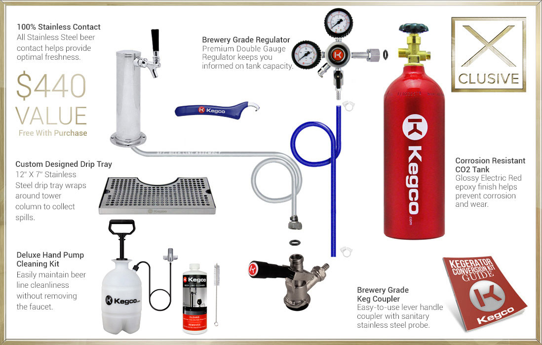 X-Clusive Dispense System includes tower, drip tray, cleaning kit, regulator, keg coupler, and CO2 tank