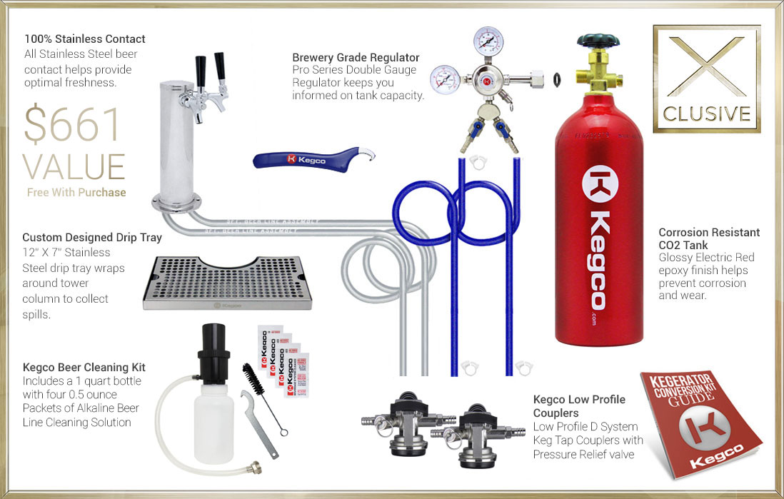 X-Clusive Dispense System includes tower, drip tray, cleaning kit, regulator, keg coupler, and CO2 tank