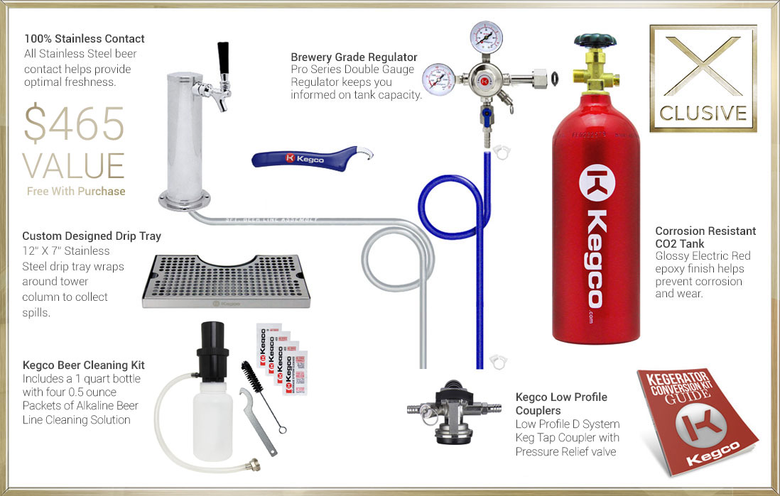 X-Clusive Dispense System includes tower, drip tray, cleaning kit, regulator, keg coupler, and CO2 tank