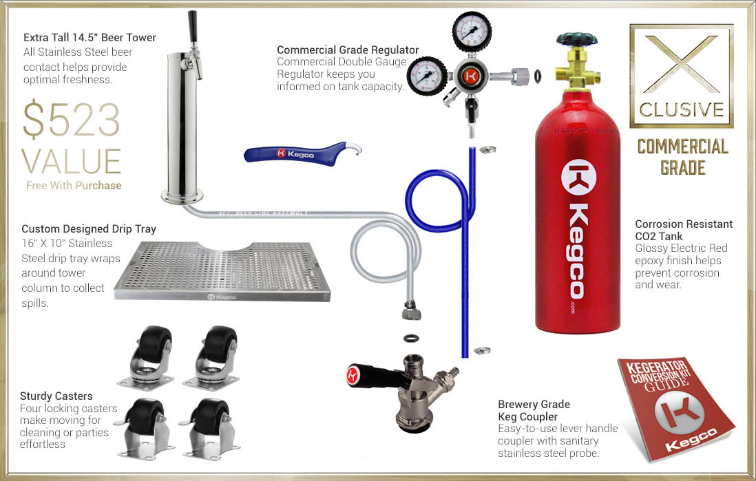 X-Clusive Dispense System includes tower, drip tray, regulator, keg coupler, and CO2 tank