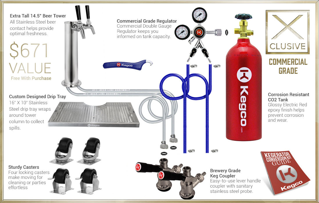 X-CLUSIVE Dispense System includes tower, drip tray, regulator, keg coupler, and CO2 tank