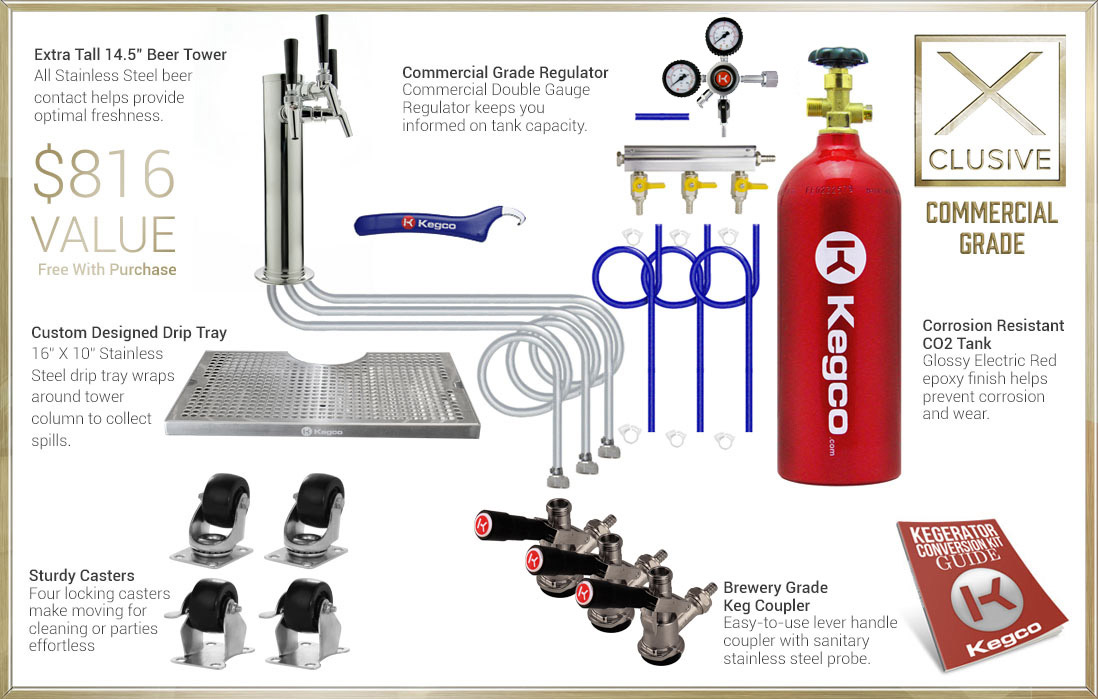 X-CLUSIVE Dispense System includes tower, drip tray, regulator, keg couplers, and CO2 tank