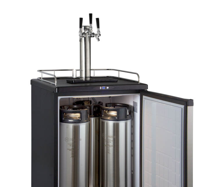 Triple faucet keg configuration for kegerators