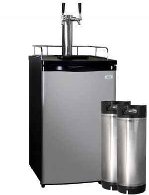 Photo of Kegco Home Brew Dual Tap Faucet Kegerator with Black Cabinet and Stainless Steel Door