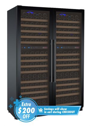 Photo of FlexCount Series 344 Bottle Four Zone Tall Side-by-Side Wine Refrigerators with Black Doors