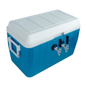 Photo of Double Faucet Jockey Box - 54 Qt., Two 3/8 inch O.D. 120' SS Coils - Blue - Center-Mounted Faucets
