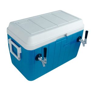 Photo of Double Faucet Jockey Box - 54 Qt., Two 3/8 inch O.D. 120' SS Coils - Blue - Side-Mounted Faucets