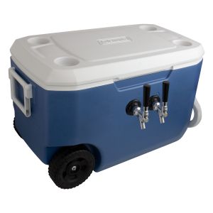 Photo of Kegco Dual Tap Rolling Jockey Box - 62 Qt., Two 3/8 inch OD 120' SS Coils - Blue - Center-Mount Faucets