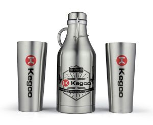 Photo of 32-oz. Stainless Steel Kegco Logo Beer Growler with 2 16-oz. Stainless Steel Kegco Logo Pint Glasses