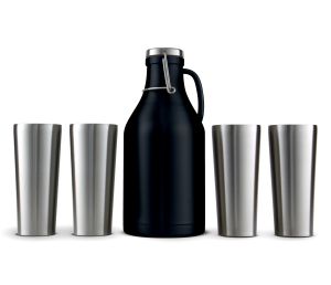 Photo of 64-oz. Black Beer Growler with 4 16-oz. Stainless Steel Pint Glasses