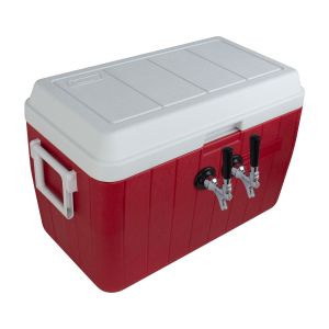 Photo of Double Faucet Jockey Box - 54 Qt., Two 3/8 inch O.D. 120' SS Coils - Red - Center-Mounted Faucets